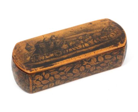 A sycamore snuff box, with wooden hinge, probably continental, the lid with a transfer of a stage coach pulled by four horses