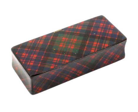 A Tartan ware snuff box (M'Donald), inward curving sides, foil 95%, stamped to base interior 'W. Johnson, Auchinleck'.