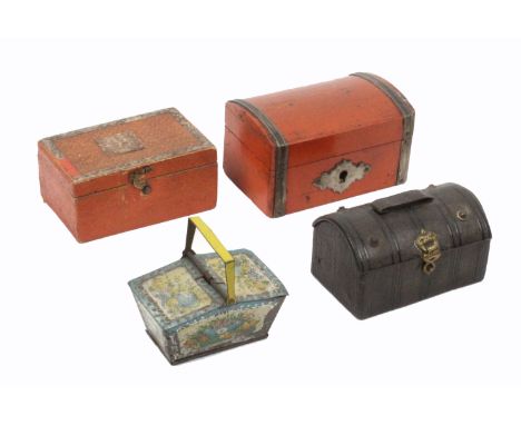 Three small sewing boxes for a child or doll and a metal sewing pannier, comprising a leather dome top trunk with brass catch