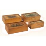 Four whitewood rectangular Tunbridge ware boxes, all with sliding lids comprising a reel box with