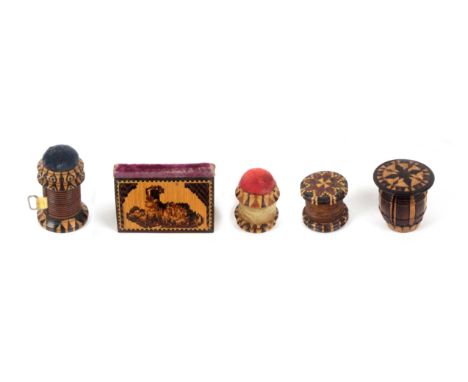 Tunbridge ware, sewing, five pieces, comprising a cylinder form stick ware pin cushion/tape measure, tape replaced, 5cms, a s