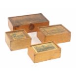 Four whitewood print and paint decorated boxes, comprising an example with pin hinge lid with