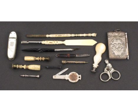 Writing implements and other items, comprising three dip pens, largest 18.5cms, two sliding pencils, one defective, four seal