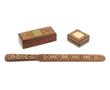 Tunbridge ware, three pieces, comprising a rectangular mahogany stamp box, the lid with green half penny stamp flanked by sti