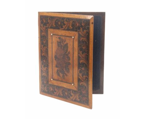 A rosewood Tunbridge ware book form rectangular blotter, the cover with an inset mosaic panel of flowers within a broad band 