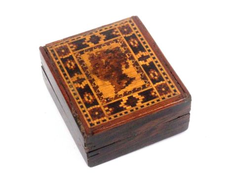 A rosewood Tunbridge ware stamp box, of rectangular form, the lid with fine mosaic panel of Q.V. young head within a geometri