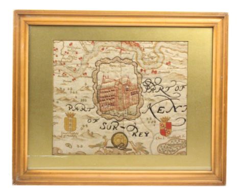 An unusual 17th Century part needle work and part painted map on linen depicting the Thames 'Part of Surrey/Part of Kent', ce