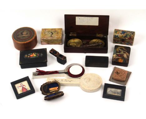 A mixed lot, comprising a Russian lacquer box, 10.5cms, two snuff boxes, two dome top boxes, leather cased travelling ink wel