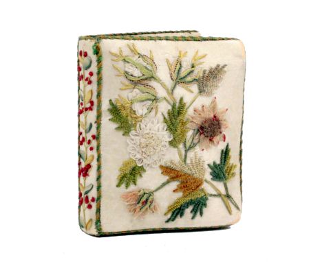 A fine silk embroidered needle book / pin cushion, circa 1790, the pale cream silk covers embroidered in coloured silks with 