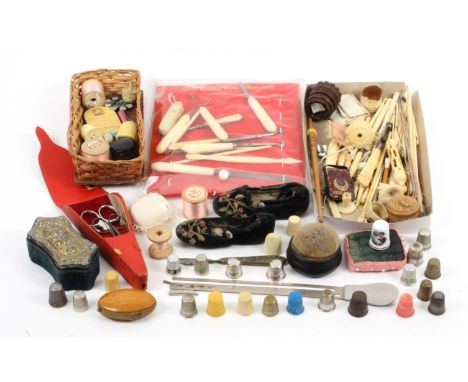 A mixed lot, sewing, including thimbles, tools, pair of baby shoes, leather scissor case, pin cushions, damaged pieces for sp