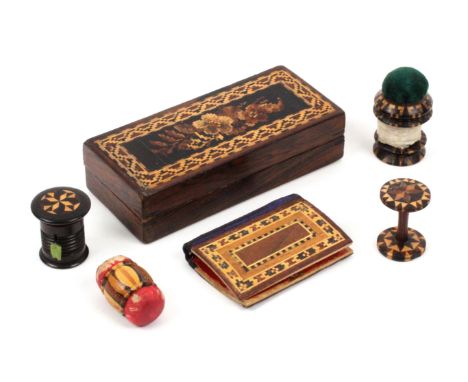 Tunbridge ware, six pieces, comprising a stick ware double ended pin cushion, 3cms, a rosewood stick ware reel, a standing pi