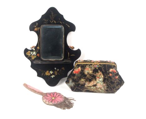 A mixed lot, comprising a Chinese embroidery lady's evening bag, 23.5cms, a circular needle work purse, a small painted frame