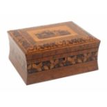 A burr maple Tunbridge ware sewing box, of rectangular form, the concave sides with a band of oak