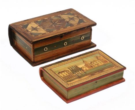Two split and coloured straw work boxes, comprising a book form example probably Napoleonic French Prisoner of War work, thre