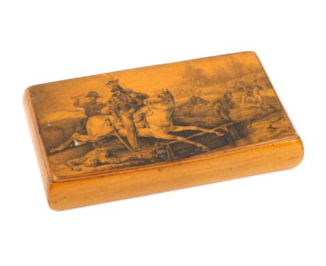 A large sycamore snuff box, with wooden hinge, probably continental, the lid with an engraving of a battle scene with a mount