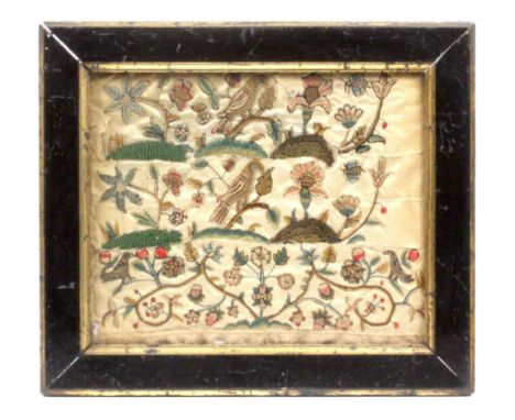 A silk embroidered panel inscribed in ink to the border 'Done By Elizabeth Nicholson 1705', worked in coloured silks with flo