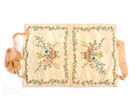 An Edwardian cream silk floral embroidered handkerchief case, of rectangular folded form, each side embroidered with a basket