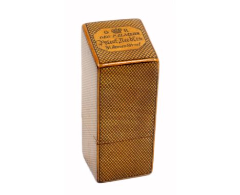 A fine Scottish sycamore slant top needle packet box, of near square section decorated in black cross hatched lines, the slan