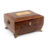 A burr yew wood sewing box, probably relating to the Tunbridge trade, of sarcophagol form, bone