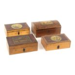 Four small print decorated and inlaid Tunbridge ware rectangular boxes, comprising a rosewood and