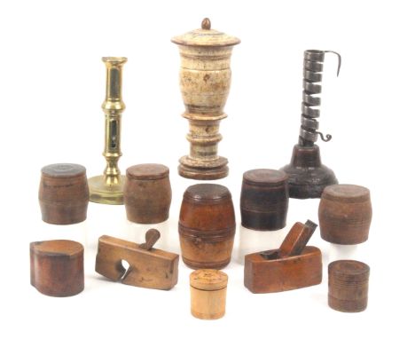 Treen and two candlesticks, comprising a continental painted lidded vase, 20cms, five wooden barrel form boxes, largest 9.5cm