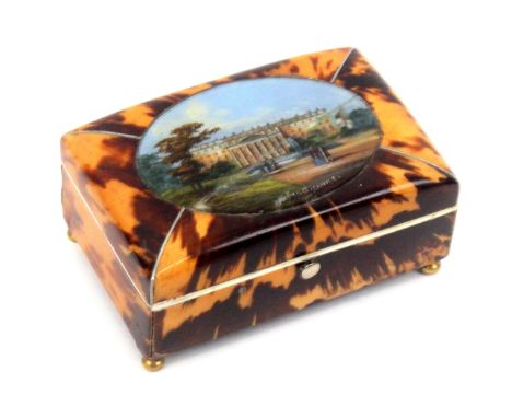 A tortoiseshell rectangular box, circa 1850, raised on gilt brass ball feet, the cushion form lid with pewter lines and an ov