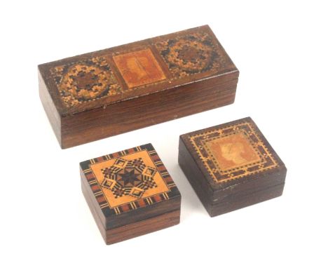Three Tunbridge ware stamp boxes, comprising a square rosewood example with stick ware top, the base with ink stamp for 'Edmu
