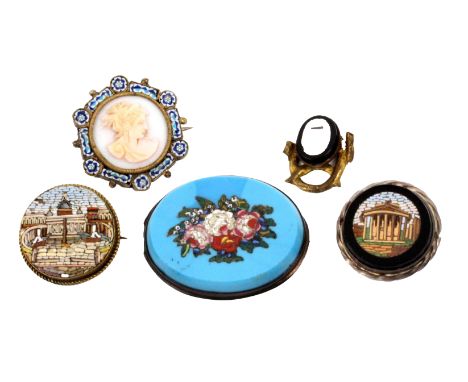Micro mosaic Italian jewellery, comprising a circular brooch depicting a temple, 2.5cms, another depicting the Vatican City, 