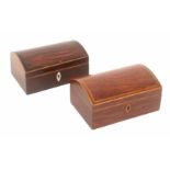 Two inlaid Tunbridge ware rectangular harewood boxes, both formerly embellished with prints to the