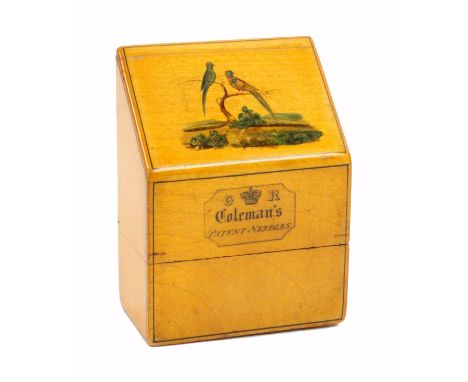 A fine Scottish sycamore slant top double needle packet box, the slant top with a finely painted panel of two birds on a tree