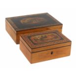 Two whitewood and paint decorated Tunbridge ware rectangular boxes, the larger with plain sides, the