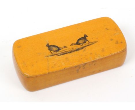 A Scottish sycamore snuff box, with wooden hinge stamped internally to the base 'Crawford Cumnock', the lid with penwork and 