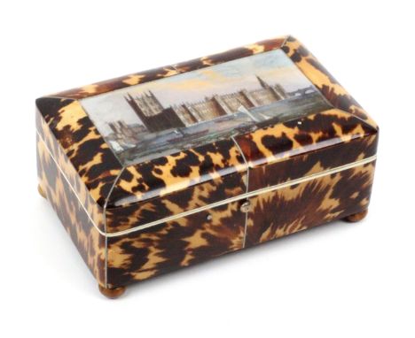 A tortoiseshell rectangular box, circa 1860, raised on vegetable ivory bun feet, pewter line divisions, the cushion top with 