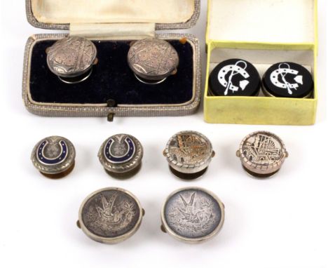 Five pairs of solitaires, comprising a white metal pair with scenes of a pumping engine, 2cms, a silver and enamel horse shoe