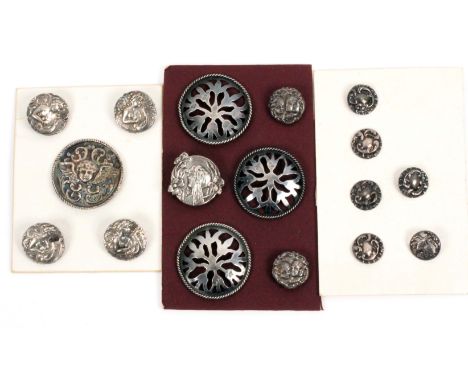 Silver buttons, comprising a set of four, circular, depicting an Art Nouveau maiden playing a harp, Birmingham 1902 by Samuel