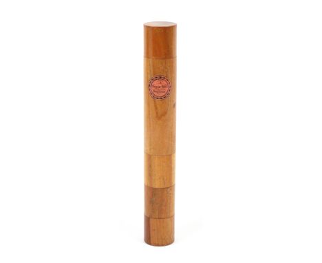 A rare cedar wood label decorated Tunbridge ware cylinder penner in five sections, the upper with screw lid for pens and penc