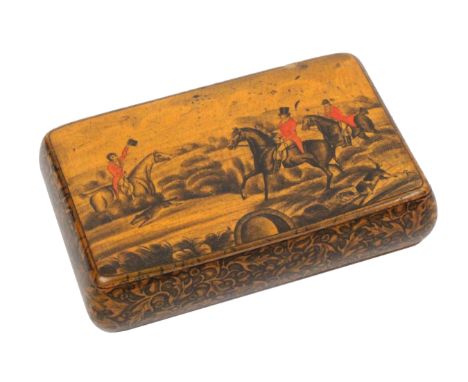 A sycamore pen and ink decorated Scottish wooden hinge rectangular snuff box, apparently unmarked, the lid with three red coa