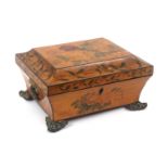 A whitewood sewing box, probably relating to the Tunbridge trade, of sarcophagol form painted in