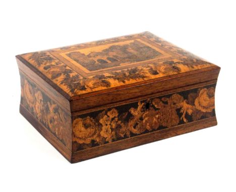 A good rosewood Tunbridge ware sewing box, of rectangular form, the concave sides with a broad band of floral and leaf mosaic