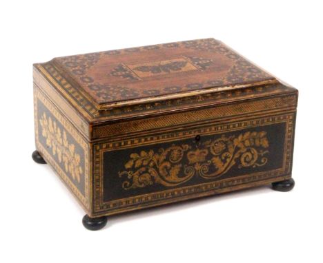 A rare penwork and mosaic Tunbridge ware box, of rectangular form, probably commemorating the Coronation of William IV, 1831,