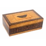A burr maple Tunbridge ware box, of rectangular form, the sides with a broad band of stick ware (
