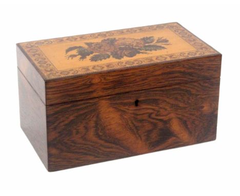 A rosewood Tunbridge ware tea caddy labelled for Edmund Nye, of rectangular form, the sides in figured rosewood, the lid with