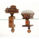 Two whitewood paint decorated Tunbridge ware sewing clamps, comprising a book frame example the