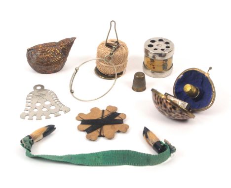 A mixed lot, sewing and knitting, comprising a 'Peacock' bell form knitting pin gauge, 7cms, a Viyella drum gauge / counter, 