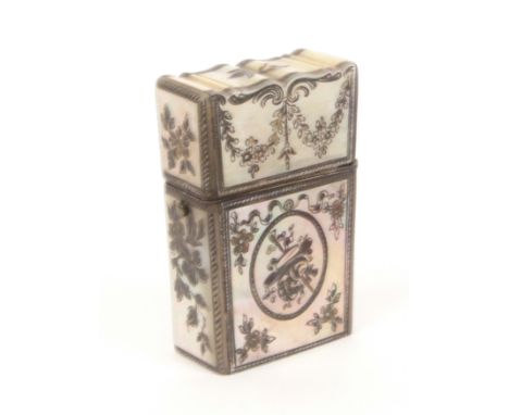 An engraved mother of pearl and silver filled etui, circa 1830, of rectangular section and tapering form, below an undulating