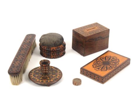 Tunbridge ware, five pieces, comprising a rectangular paper weight decorated in mosaic, 13.2cms, a rectangular rosewood money