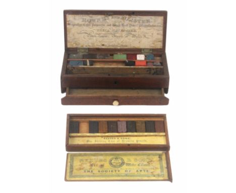 Two artist boxes, a rectangular mahogany example with drawer to front, the lid interior with printed label 'Rowney and Forste