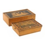 A whitewood Tunbridge ware print and paint decorated sewing pannier and a box, the pannier with