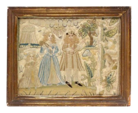 A mid 17th Century silk embroidered panel depicting a standing bearded man, his wife and child, amid a tent, flowers, and an 