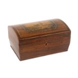 A print decorated and inlaid rosewood Tunbridge ware box of sarcophagol form, with diamond boxwood